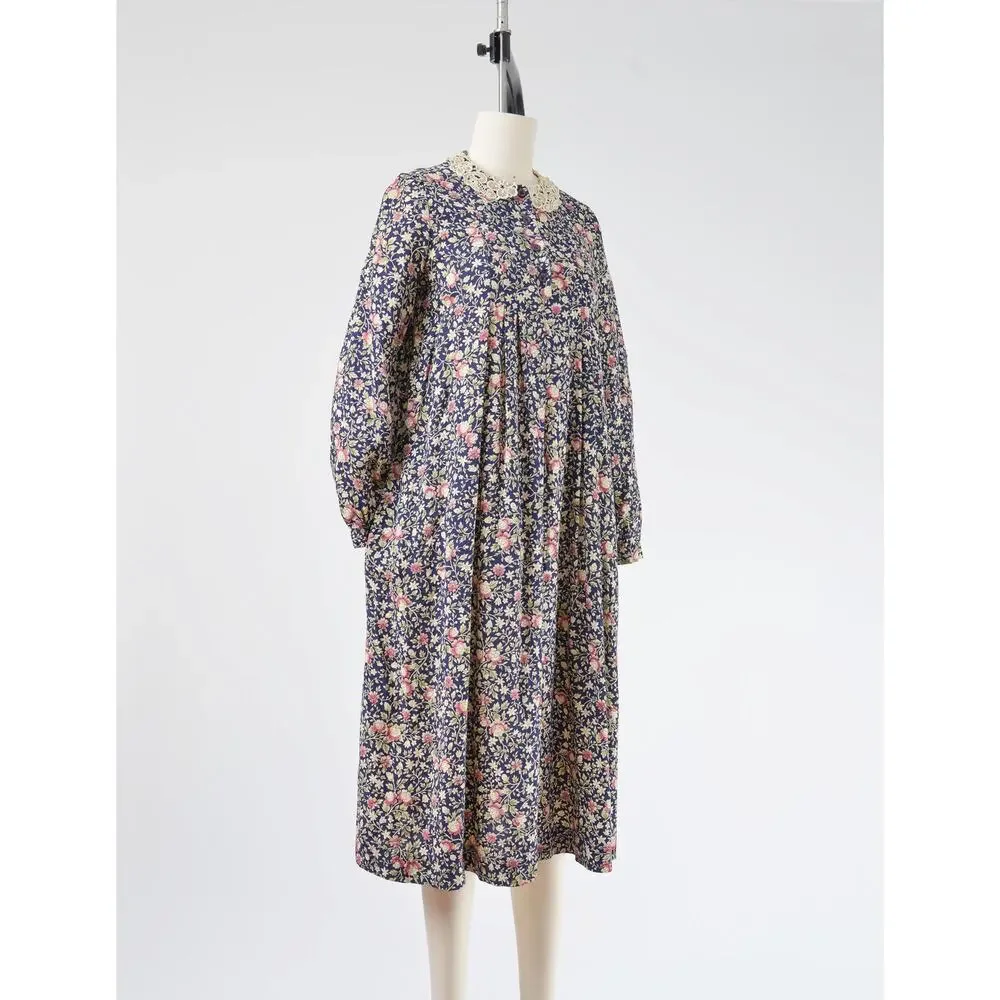 Vintage 70s Floral Babydoll Peter Pan Lace Collared Midi Dress with Pockets S - Picture 3 of 10